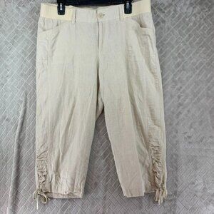 Counterparts Womans 12p Capri Pants Beige Linen Blend Mid Rise Pull On Ruched